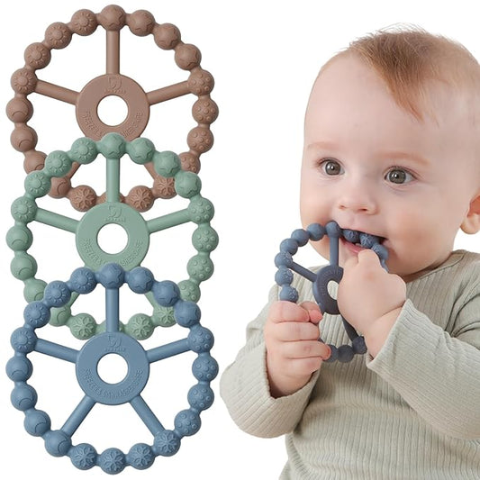 3 Pack Ring Teether Baby Infant Toys, Baby Essentials, Silicone Teething Ring Toys for Babies 0-6 Months, Seposeve Toddler Teethers 6-12 Months 12-24 Months, Infant Teething Relief, Brown Green Blue