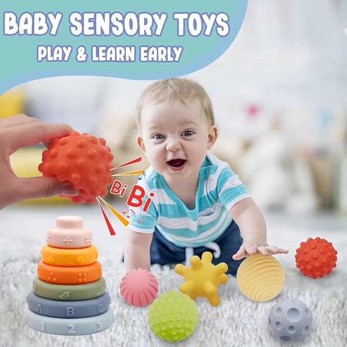 Montessori Toys for Babies 6-12 Months, Soft Baby Blocks Toys Set, 3 in 1 Infant Stacking Building Blocks, Teething Toys Sensory Balls Educational Learning Toys for Toddlers 3-6-9-11 Months Boys Girls