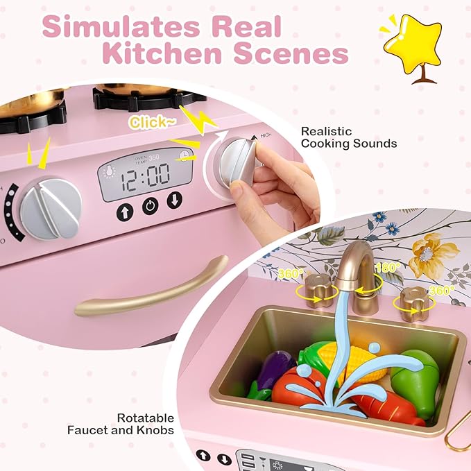 HONEY JOY Kids Kitchen Playset, Wooden Little Chef Pretend Toy Kitchen Set w/Chalkboard, Telephone, Utensils, Oven, Microwave, Sink, Storage, Play Kitchen for Toddlers Boys Girls, Pink Flower