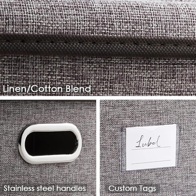 PRANDOM Storage Bins with Lids [3-Pack] Linen Fabric Foldable Storage Boxes Organizer Containers Baskets Cube with Cover for Home Bedroom Closet Office Nursery Grey（11.4X8.6X6.7