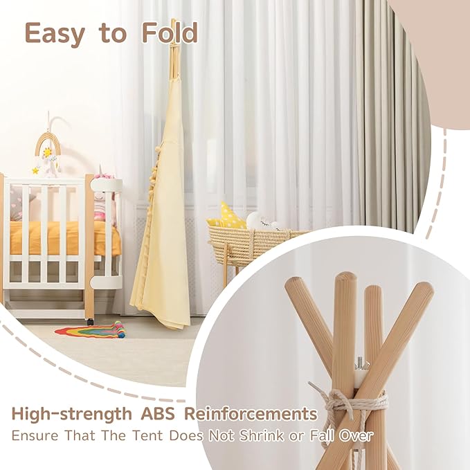 Teepee Tent for Kids with Padded Mat Cotton Canvas Kids Teepee with Pompom for Toddlers Indoor Play Tent for Girls Boys with Stars Lights, Carry Bag, Banner Flag (Cream)