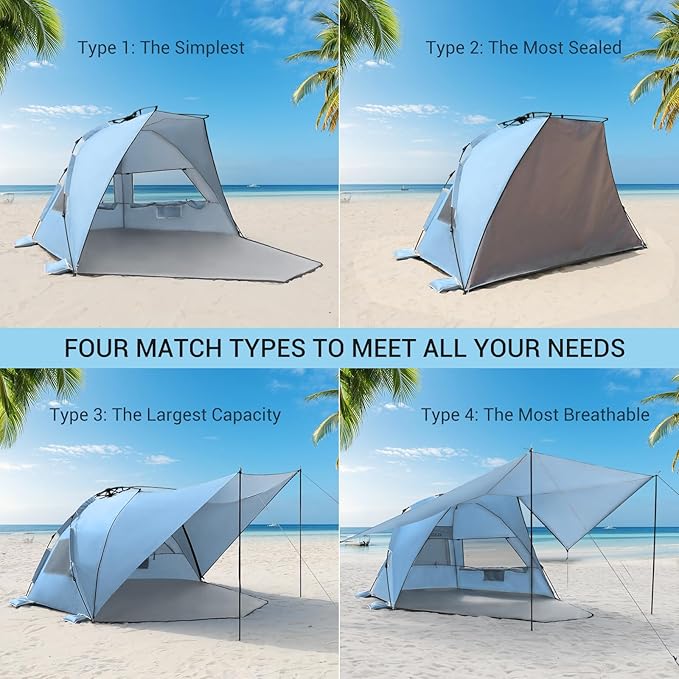 Elegear Beach Tent with Canopy, 1-Second Setup Pop Up Sun Shelter Shade, UPF 50+ UV Protection Silver-Coated Lightweight Portable Beach Cabana