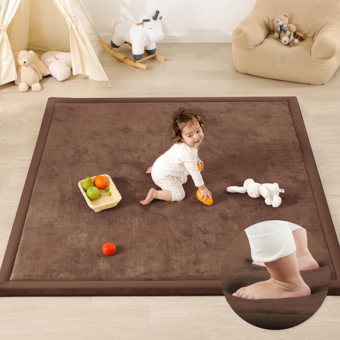 1.3" Thick Baby Play Mat for Floor, 39x59 Foam Tummy Time Mat, Padded Support Soft Plush Nursery Rug for Infant Kids Toddler Crawling Kick Activity (Chocolate Brown)