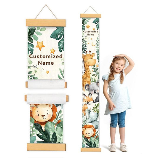 Personalized Name Baby Growth Height Chart Handing Ruler Wall Decor for Kids, Animals Canvas Removable Height Growth Chart, Nursery Decor, Toddler Kid Room Decoration, Hangable