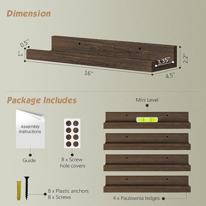 Forbena Dark Wood Nursery Floating Shelves for Wall Set of 4, Short Wall Bookshelf for Kids Bedroom, Wooden Hanging Book Shelves with Rail for Nursery Books, Baby Room Bathroom Storage (Dark Brown)