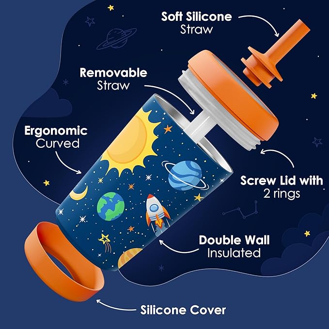 Kid Insulated Stainless Steel Tumbler with Silicone Straw, 12oz Sippy Cup for Kids (Outer Space)