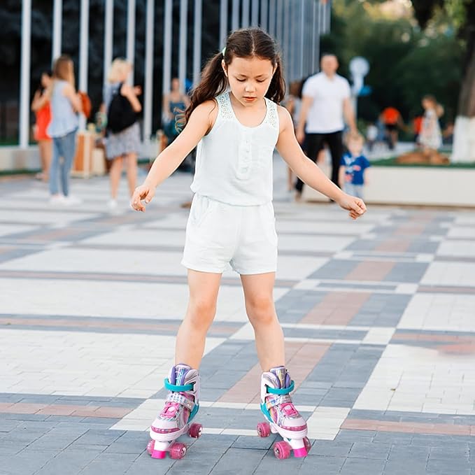 Rainbow Toddler Roller Skates - Size 4 Adjustable | Light Up Quad Skates for Girls & Boys Beginners Aged 3-12