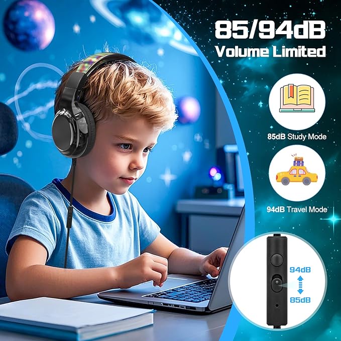 QearFun Kids Headphones Wired with Mic, 85/94dB Safe Volume Limit, Foldable Over Ear, Tangle-Free Cord & Sharing Port, Wired On-Ear Headset for School, Chromebook, Tablet, Travel - Boys & Girls