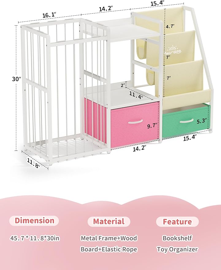 Kids Bookshelf and Toy Storage, Large 3 Tier Book Shelf for Kids Rooms, Sling Baby Bookcase with Stuffed Animal Storage, Toddler Montessori Bookshelf for Nursery, Playroom, Kindergarten
