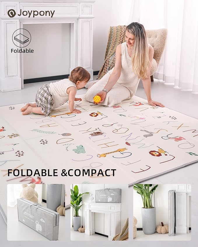 Baby Play Mat 59x71 Inch, 2 in 1 Fabric & XPE Dual-Sided Design Foldable Play Mats for Babies and Toddlers, Waterproof & Anti-Slip Baby Mat for Floor, Portable Baby Foam Crawling Mat with Travel Bag