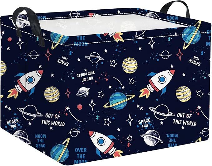HIYAGON Rectangular Space Basket for Boys Baby Storage Basket Storage Bin Organizer Box Room Decor(Rocket Planet)