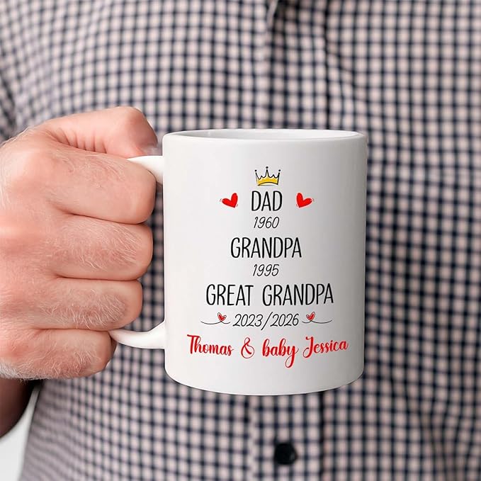 Dad Grandpa Great Grandpa EST 2026 Coffee Mug 11 15 Oz, Novelty Accent Ceramic Cup Gift For Pregnancy Announcement, Customized Choose Year & Name White Coffee Cup New Great-Grandfather Grandad Pawpaw