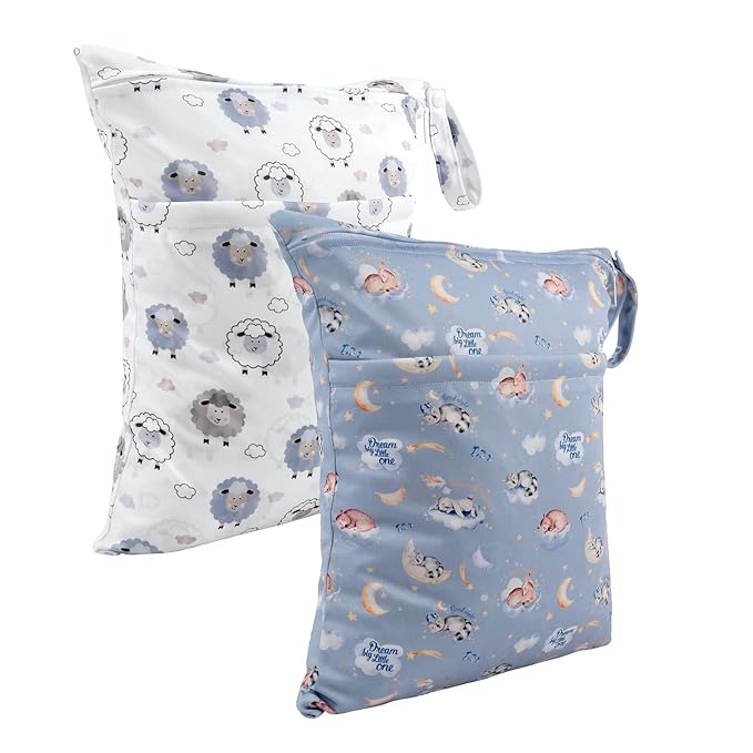 ALVABABY 2pcs Cloth Diaper Wet Dry Bags Waterproof Reusable with Two Zippered Pockets Travel Beach Pool Daycare Soiled Baby Items Yoga Gym Bag for Swimsuits or Wet Clothes LZD2122