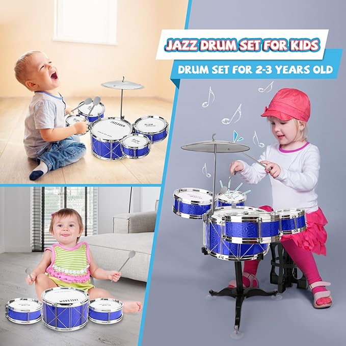 Toddler Drum Set Kids Jazz Drum Kit 8 Piece - Educational Percussion Musical Instruments Drum Toy Playset Christmas Birthday Gift for Boys Girls, Blue