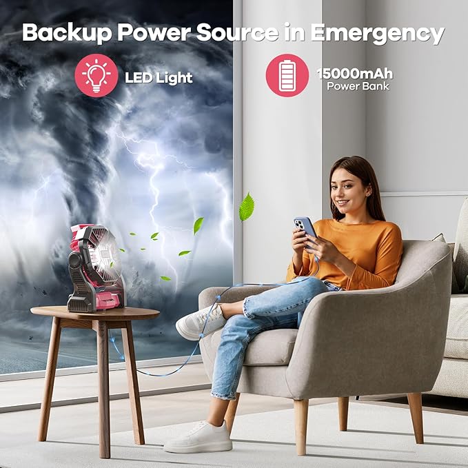 15000mAh Portable Battery Powered Camping Fan - with LED Light, Quiet Battery Operated, Camping Gear for Travel, Tent, Beach, Car or Hurricane Power Outages, Pink