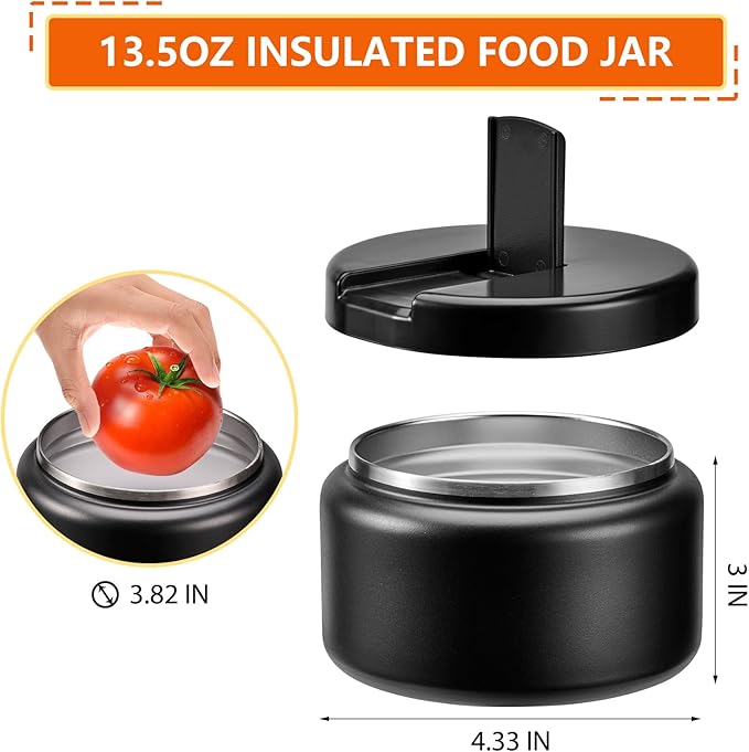 13.5oz Kids Jar for Hot Food, Insulated Vacuum Food Jar with Buckle Lid, Stainless Steel Wide Mouth Leak Proof Insulated Lunch Container for School Picnic Travel, Black
