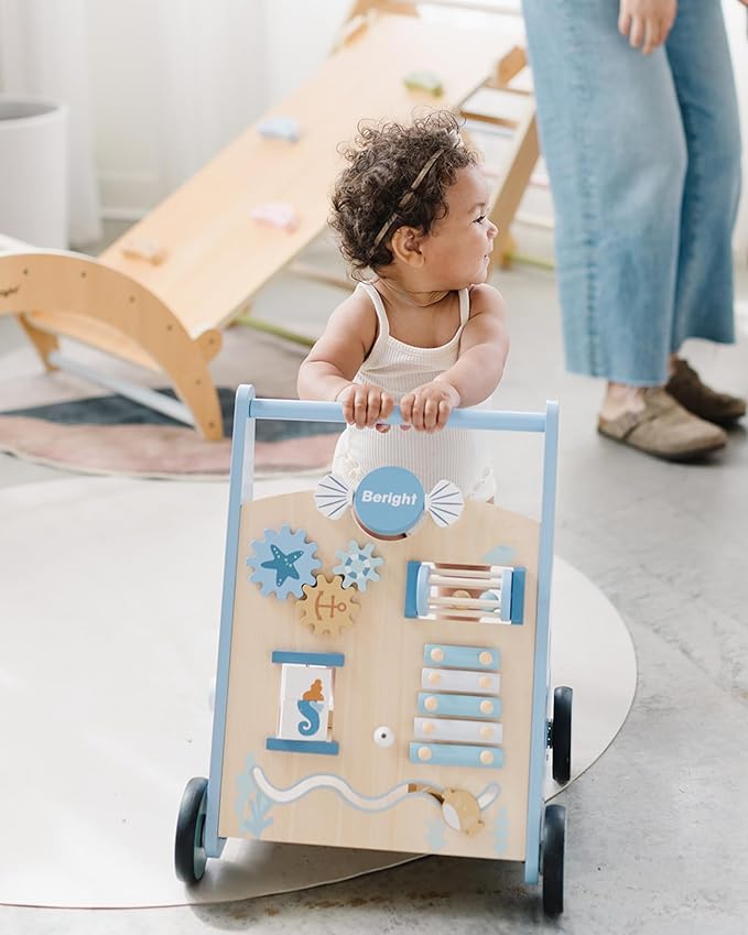 Beright Wooden Baby Walker Push and Pull Learning Activity Walker with Wheels Montessori Walker Toy Multiple Activities Center Develops Motor Skills & Stimulates Creativity (Blue)