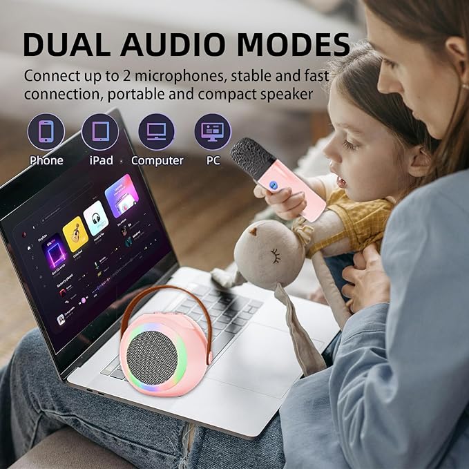 YF96 Mini Karaoke Machine for Kids - Built-in Phone Holder, Portable KTV Microphone Speaker, 7 Fun Sound Effects, Bluetooth, Type-C Charging, Perfect for Family Singing Pink