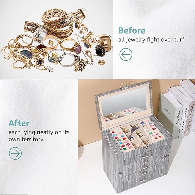 BOOVO Jewelry Box For women, 6 Layer Large Jewelry Organizer With Mirror, Accessory Holder With 5 Drawers, For Earrings Necklace Ring Bracelet (woodgrain grey)