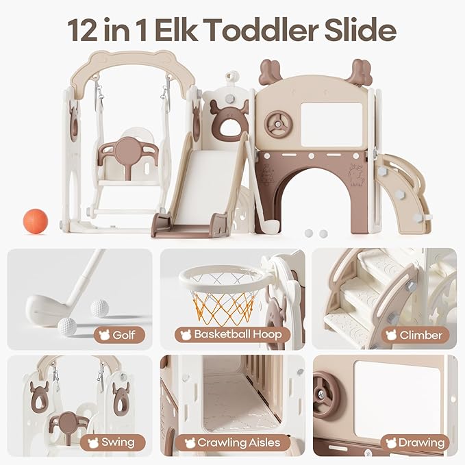 Mloong 12 in 1 Toddler Slide and Swing Set, Kids Slide for Toddlers 1-3 Years Old Baby, Indoor Outdoor with Basketball Hoop Drawing Golf for Kids Easy Assembly(Beige & Rosy Brown)(82×67×41in)