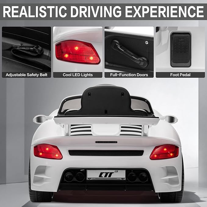 Licensed RUF CTR3 12V Kids Electric Car with Parent Remote Control, 2 Motors, 3 Speeds, LED Lights, MP3 Player | Battery Powered Ride-On Toy for Kids to Drive - White