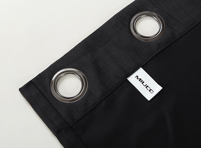 MIUCO Room Darkening Texture Linen Look Blackout Grommet Curtains for Office Set of 2 52x84 Inch Long Black
