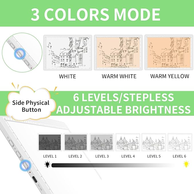 KOBAIBAN A4 Magnetic Light Pad with Bag, Rechargeable Diamond Art Light Board with Side Physical Buttons, 3 Color Light Modes Super Bright Light Table Light Box for Tracing, Drawing, Sketching (White)