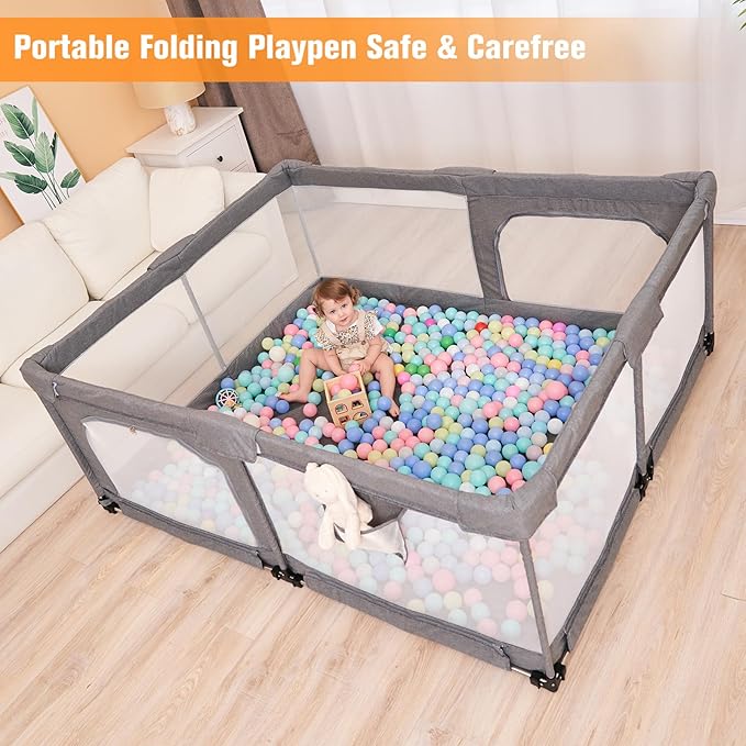 Foldable Baby Playpen with Gate, Extra Large Collapsible Play Yard for Babies & Toddlers, Portable Travel Play Pen with Fence, Safe Activity Center for Indoor & Outdoor Use (59"×71" Grey)