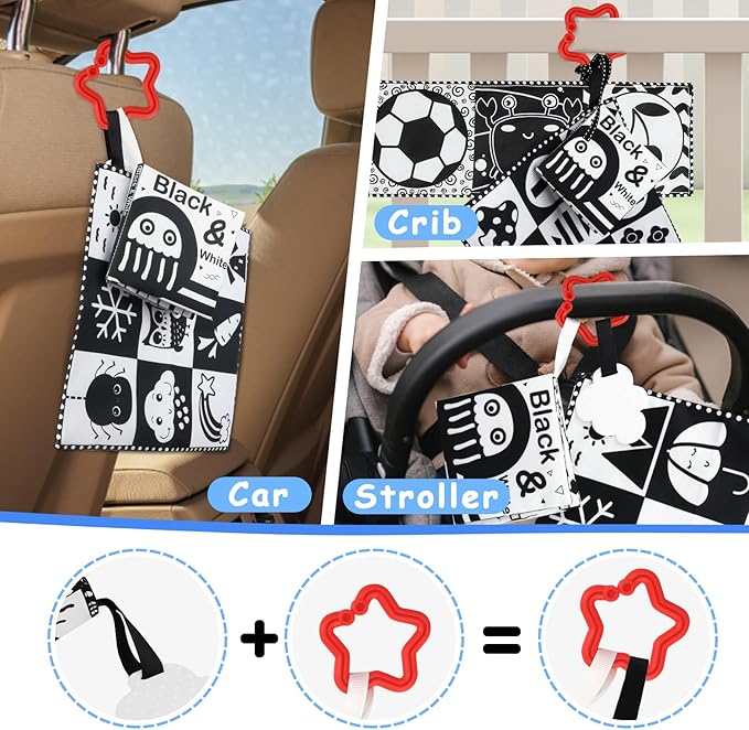 KUANGO Newborn Toys Black and White Baby Toys 0-3 Months High Contrast Baby Toys for Newborn - High Contrast Baby Soft Book Infant Tummy Time Toys Crinkle Sensory Toys for Brain Development