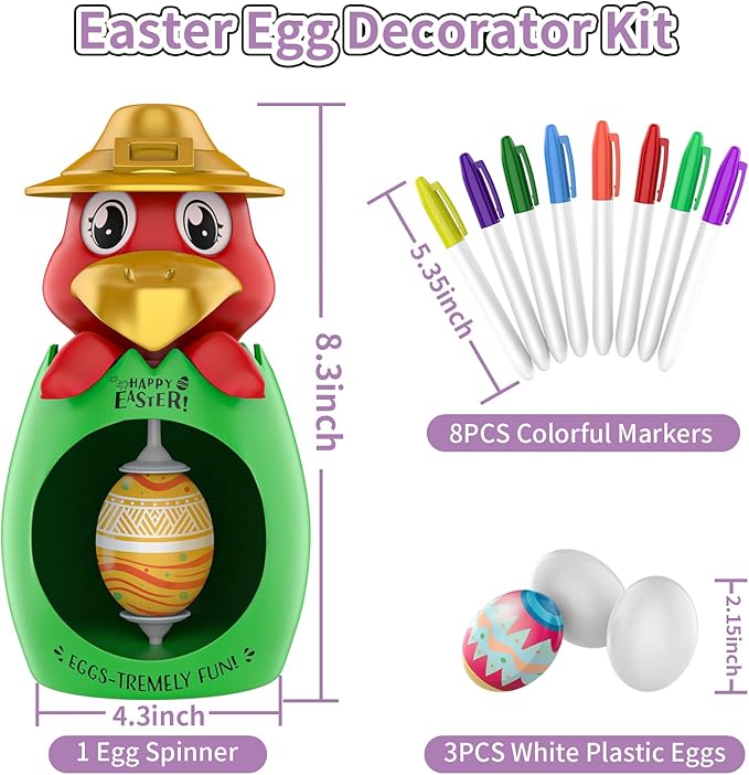 weiyuii Easter Egg Decorating Kit, DIY Egg Coloring Spinner with 3 Plastic Eggs & 8 Colorful Markers Easter Gift for Kids Boys Girls
