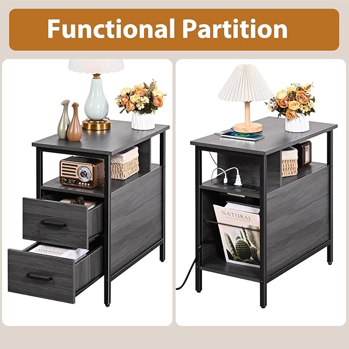 Side Table, End Tables with Charging Station, Narrow End Table with Wooden Drawers, USB Ports and Power Outlets, Nightstand and Bedside Table, End Table Living Room, Bedroom, Dark Grey