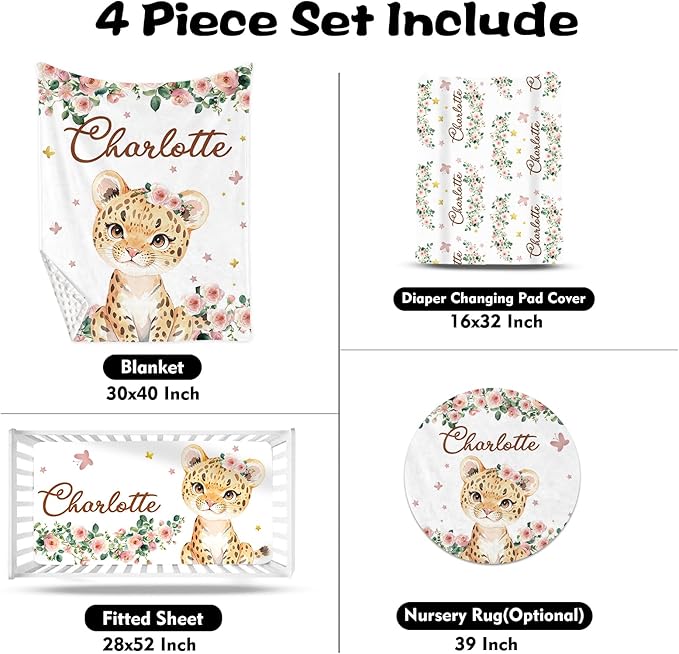 Custom Nursery Crib Bedding Set: Personalized Name 4 Piece Floral Leopard Design Baby Crib Sets for Girls - Toddler Double Layer Blanket Set, Comfortable Crib Bed Sheets for Baby Toddlers