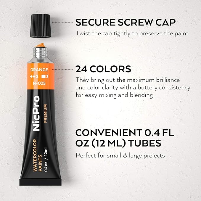 Nicpro 60 PCS Watercolor Paint Set for Adults, Beginner & Artists, 24 Tubes Water Color Paint Kit with 25 Watercolor Paper, 8 Squirrel Paint Brushes, Palettes, Color Wheel, Art Painting Supplies