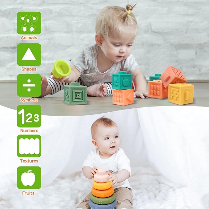 Montessori Toys for Babies 6-12 Months, 4 in 1 Soft Baby Teething Toys, Stacking Building Blocks & Rings for Infants, Sensory Bin Toy