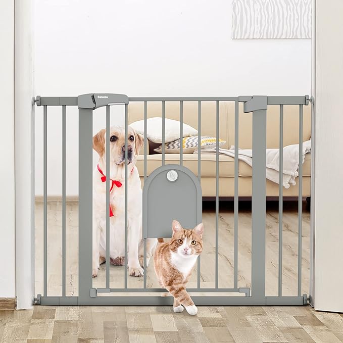 Babelio Auto Close Baby Gate with Small Cat Door, 29-43" Metal Cat Gate for Doorway, Stairs, House, Easy Walk Thru Dog Gate with pet Door, Includes 4 Wall Cups and 3 Extension Pieces, Gray