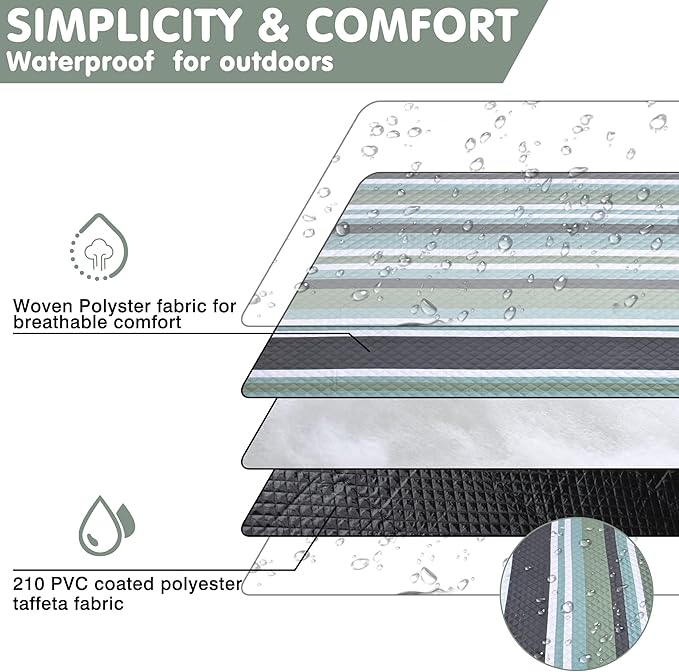 Waterproof Picnic Blanket 80" x 60" in Portable with Carry Strap for Beach Mat or Family Outdoor Camping Party, Park Blanket for Grass Park, Hiking, Travel, Concerts (Green&White, 80" x 60")