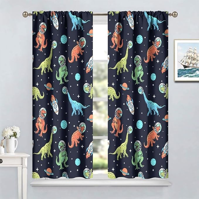Cartoon Dinosaur Curtains for Kids Boys Girls Home Decor, Astronaut Rocket Funny Outer Space Blackout Rod Pocket Window Drapes for Bedroom Living Room W21xL63in 2 Panels