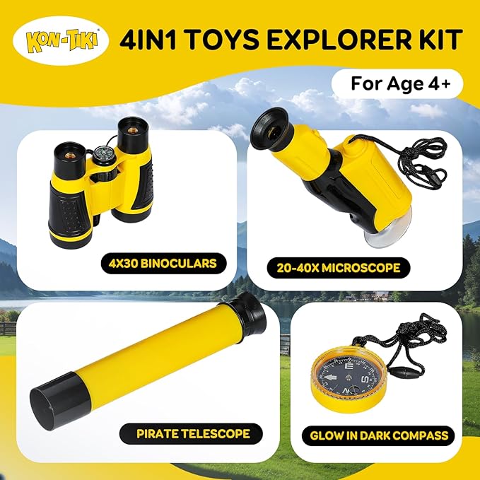 KON-TIKI 4-in-1 Kids Explorer Kit – 4x30 Binoculars with Compass, 20x–40x Handheld Microscope, 12x30 Telescope, Glow-in-The-Dark Compass – Outdoor Adventure & Nature Exploration Toy for Ages 4+