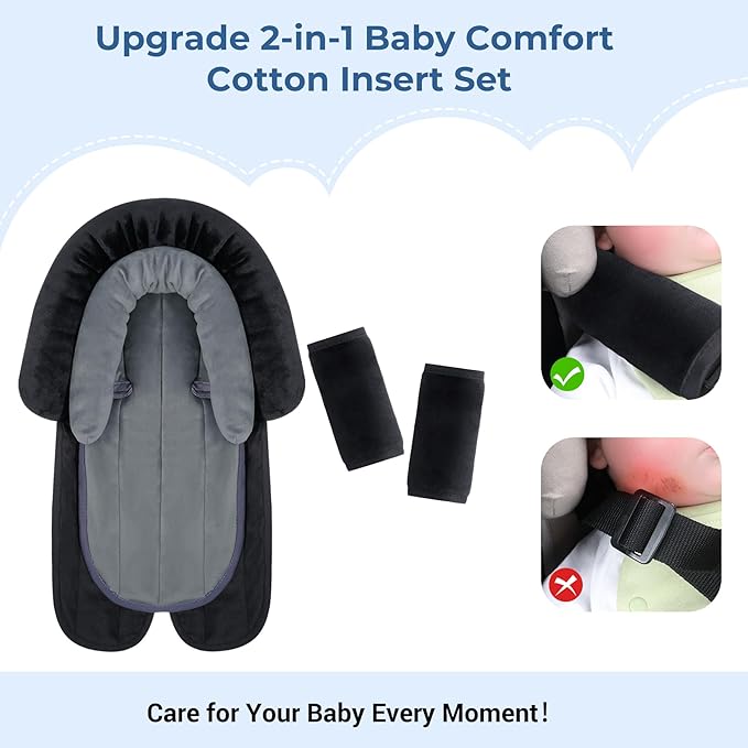 COOLBEBE New Babybody Support & Strap Covers Set for Newborn Infant Toddler- Extra Soft Stroller Cushion Pads Car Seat Insert, Perfect for Carseats, Strollers, Swings, Black
