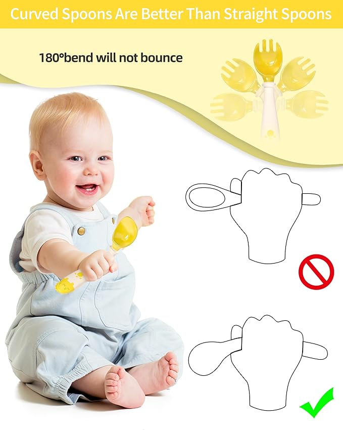 Deejoy Toddler Utensils, Self-feeding Flatware Set withTravel Case, Baby Spoons and Forks with Silicone Bendable Handle, Easy Grip Heat-Resistant, Ideal for Kids, Stage 2 (Yellow)