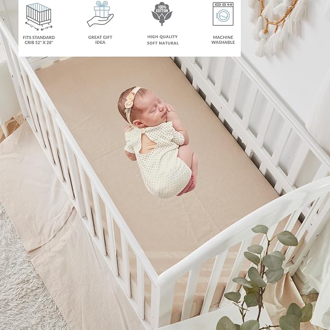 Brandream 3 Pieces Crib Bedding Set for Girls or Boys Quilt,Crib Sheet,Dust Ruffle Skirt, 100% Washed Cotton Like Linen Supersoft Farmhouse Chic Boho Beige Classic Quilted Plaid Design