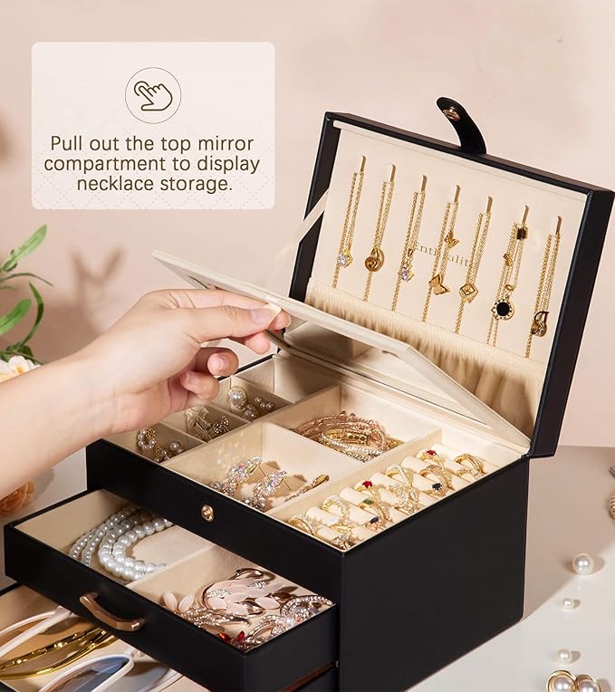 Black Jewelry Box Organizer: Home Decor for Women - 2-Drawer Holder for Valentine’s Day Birthday Christmas Black Pink