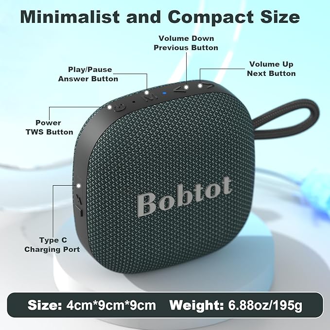 Bobtot Portable Wireless Bluetooth Speaker - IPX7 Waterproof Show Speakers with 16H Playing Time, Loud Stereo Sound, Built-in Mic, TWS, Small Size with Carry Lanyard, DarkBlue