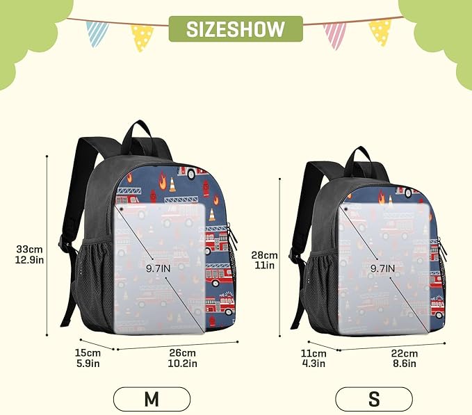 Cartoon Fire Trucks Toddler Backpack Waterproof Mini Backpack Boys/Girls Cute Small Backpack Kindergarten Pre School Bags 13 Inch