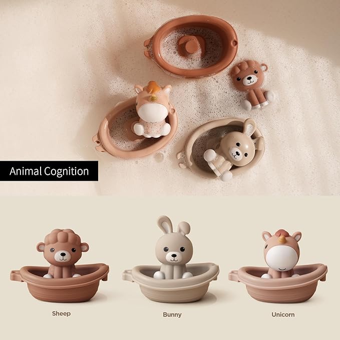 Nueplay Bathtub Toys for Toddlers 18M+，Baby Bath Toys with Animal Finger Puppets，Stackable Boat Train，Gift for Baby & Toddlers Set of 6