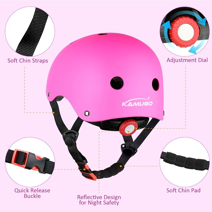 KAMUGO Kids Adjustable Helmet, with Sports Protective Gear Set Knee Elbow Wrist Pads for Toddler Age 2-8 Boys Girls, Bike Skateboard Hoverboard Scooter Rollerblading Helmet Set