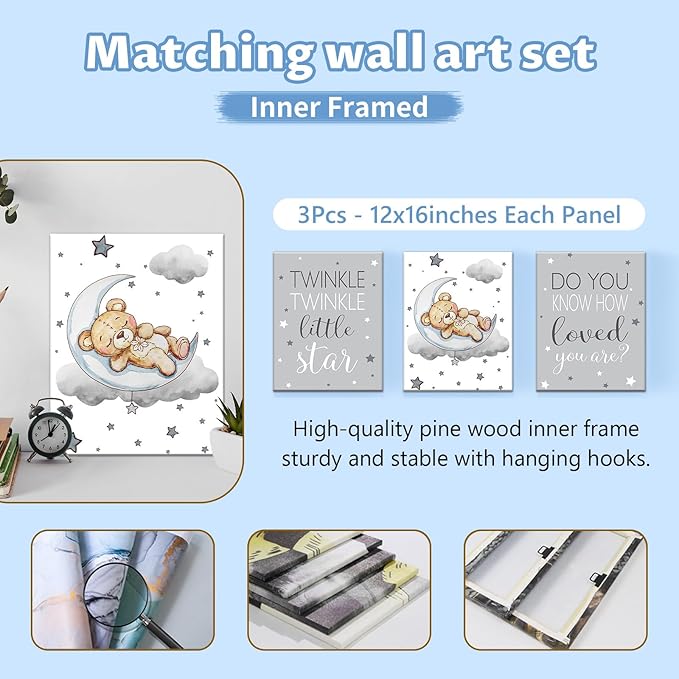 Personalized Crib Set, 5 Pcs Custom Baby Bedding with Name, Double Layer Nursery Bedding for Boy Girl, Soft Moon Bear Bedding Set, Gifts for Toddler, Infant, New Parents