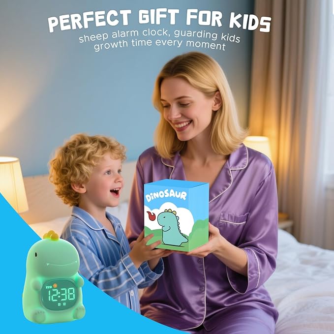 TCJJ Kids Sleep Training Alarm Clock with Night Light - OK to Wake Clock & Sound Machine, Rechargeable Silicone Animal Lamp for Boys Girls Bedroom (Dinosaurs)