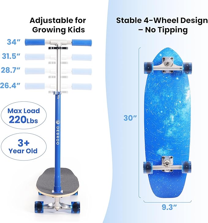 2-in-1 Kids Skateboard & Lean-to-Steer Scooter with Detachable Handlebar, LED Light-Up Wheels, Adjustable Height – Beginner Surf Skateboard for Ages 3+