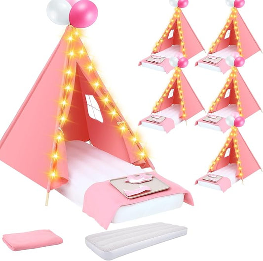 Windyun 6 Pack Kids Teepee Tent for Slumber Party Sleepover Tents for Girls Party with Air Mattress, Star Lights, Blankets Trays Sheets, Natural Cotton Toddler Play Teepee for Indoor Outdoor(Pink)